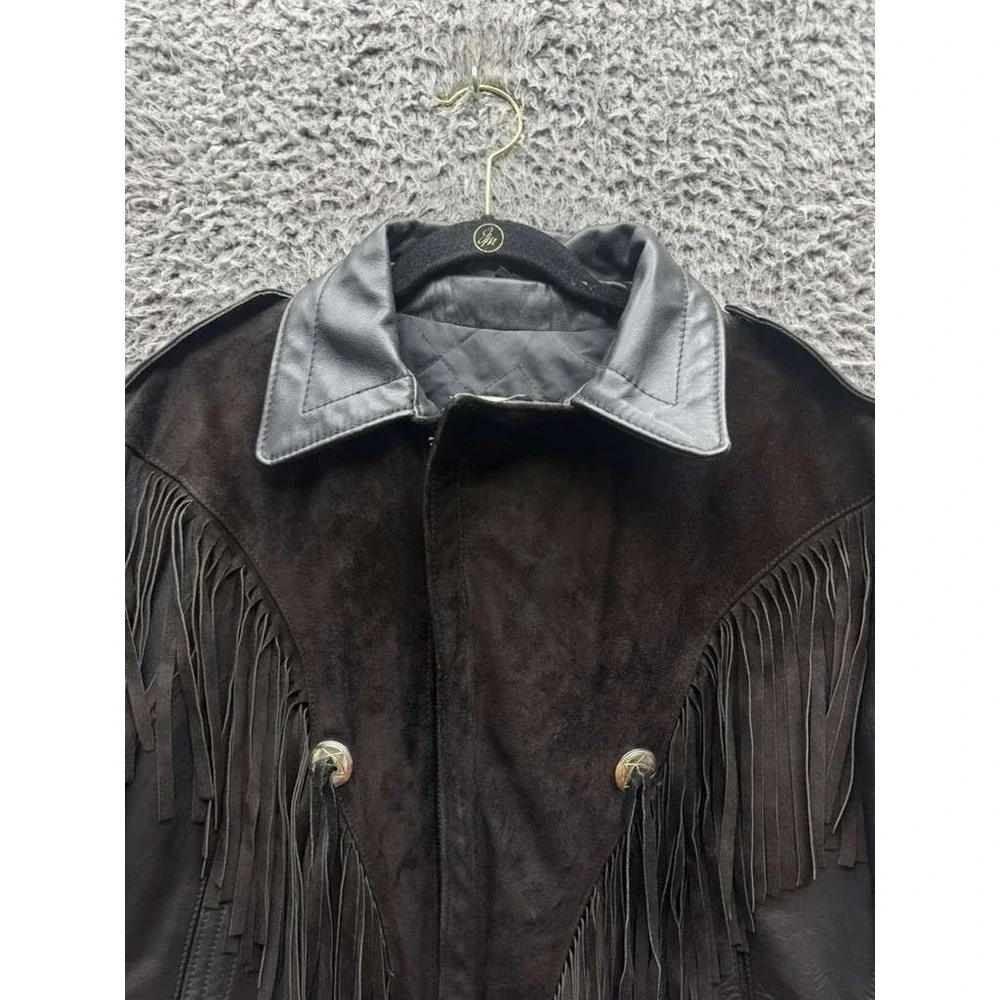 Vintage Suede Leather Fringe Collared‎ Full Zip Biker Jacket Black Mens Size 42